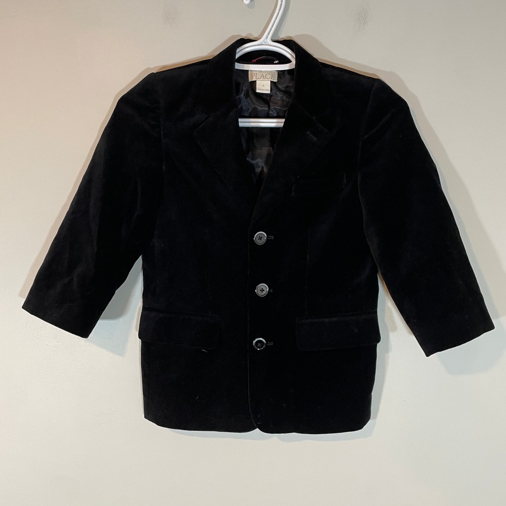 The Childrens Place Boys Black Velvet Blazer Suit Jacket Size 4 Classic Formal
